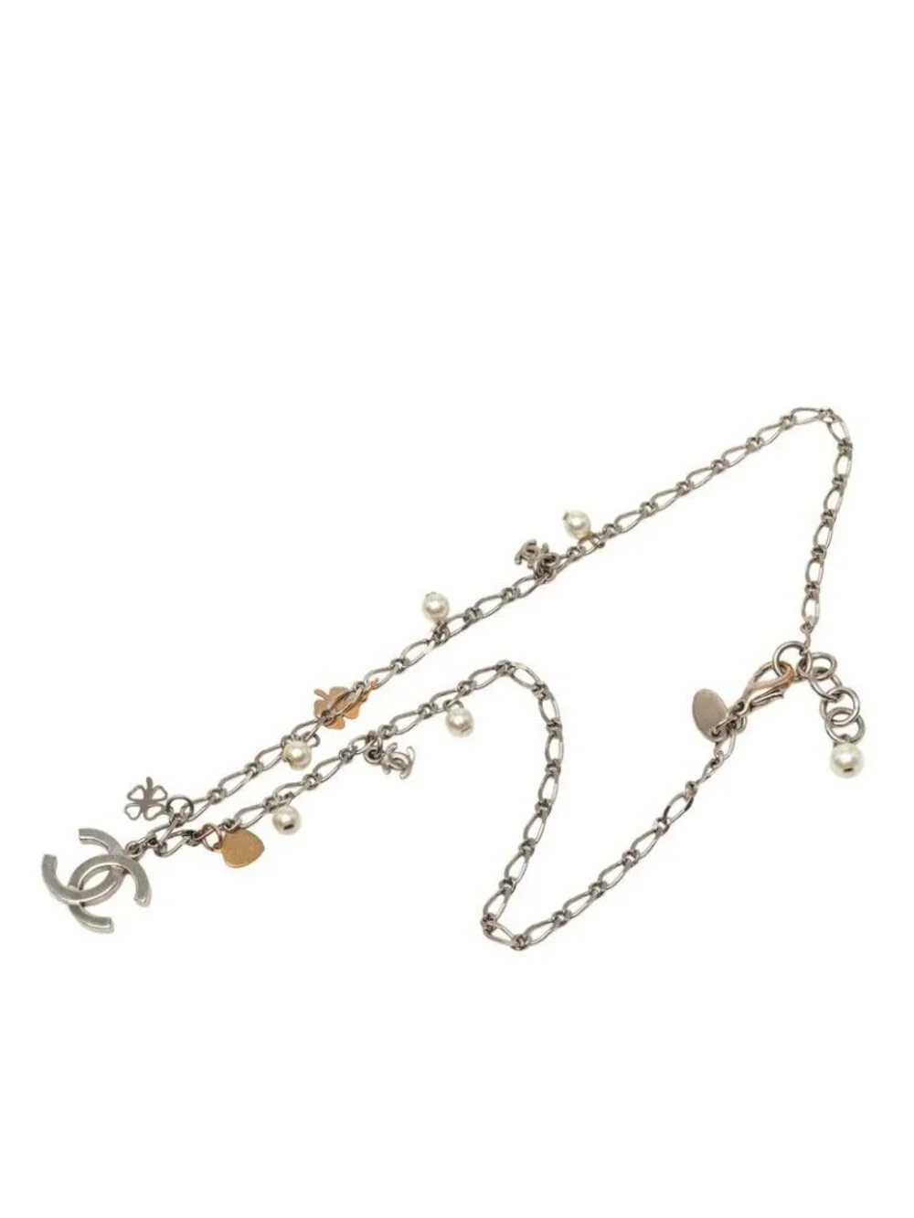 Chanel CC Logo Chain Pendant Silver Metal Faux Pearl